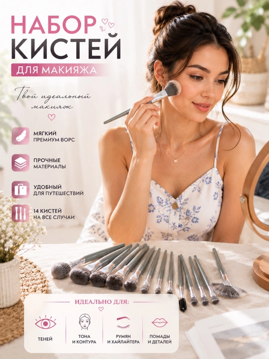 Набор из 14 профессиональных кистей для макияжа, с мягким синтетическим ворсом