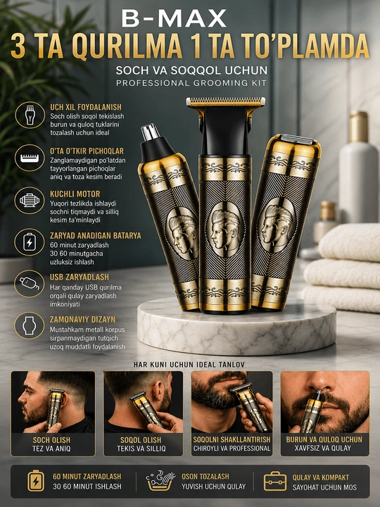 B-MAX 3 ta 1 da professional parvarishlash to‘plami Soqol va burun sochlari uchun trimmer