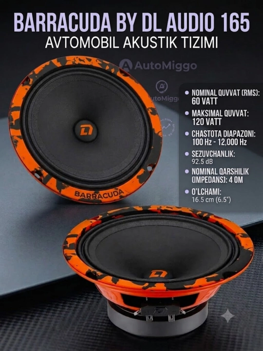 BARRACUDA avtomobil audio tizimi uchun dinamiklar,(16,5 sm), "pro-audio" uslubidagi, 60 Vt - 