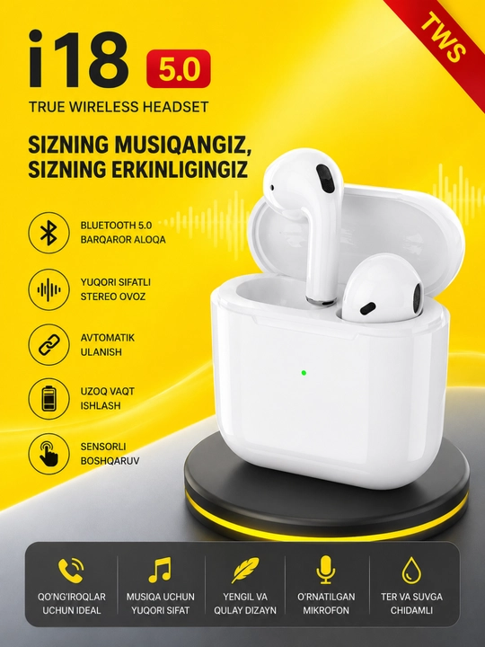 Simsiz naushnik i18 TWS, Bluetooth 5.0 quloqchinlar, iPhone va Android uchun mos - 