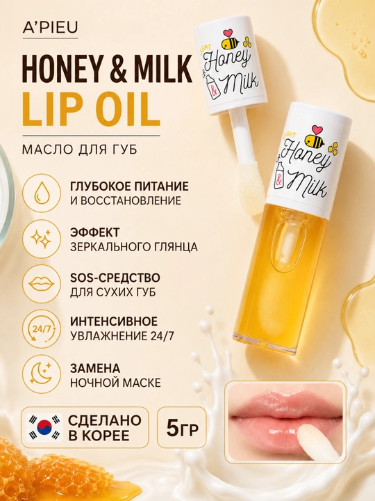 Масло и скраб для губ, lip oil и lip scrub от сухости губ A'PIEU Honey & Milk 5 г / 8 мл - 