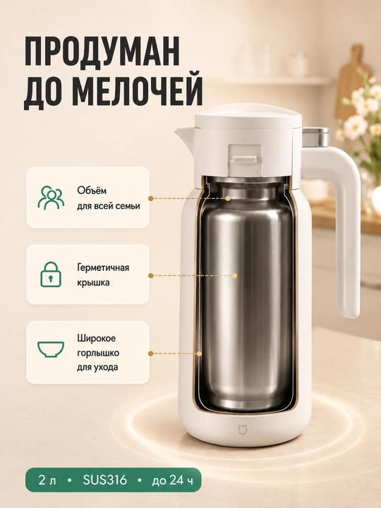 Термос Xiaomi Mijia 1,5/1,8/2 л из стали с вакуумной изоляцией 