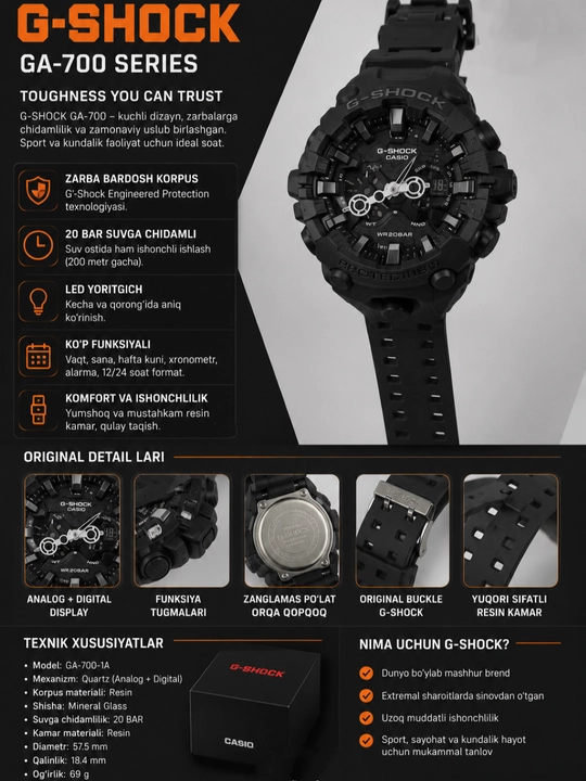 Erkaklar sport soati G-SHOCK GA-700 Series Tactical Watch, Digital+Analog