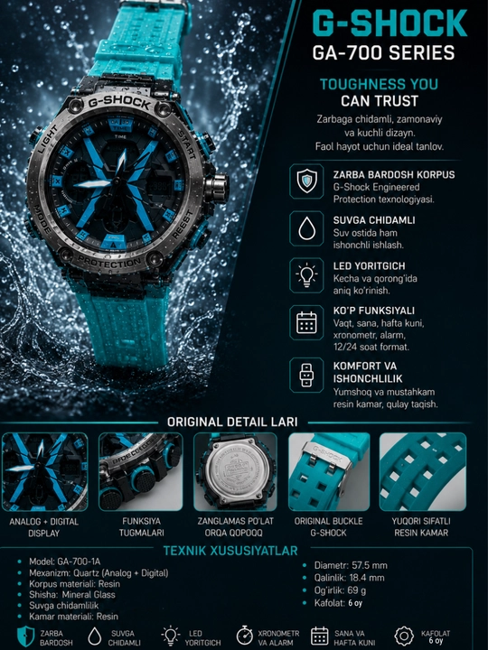 Erkaklar sport soati G-SHOCK GA-700 Series Tactical Watch, Digital+Analog