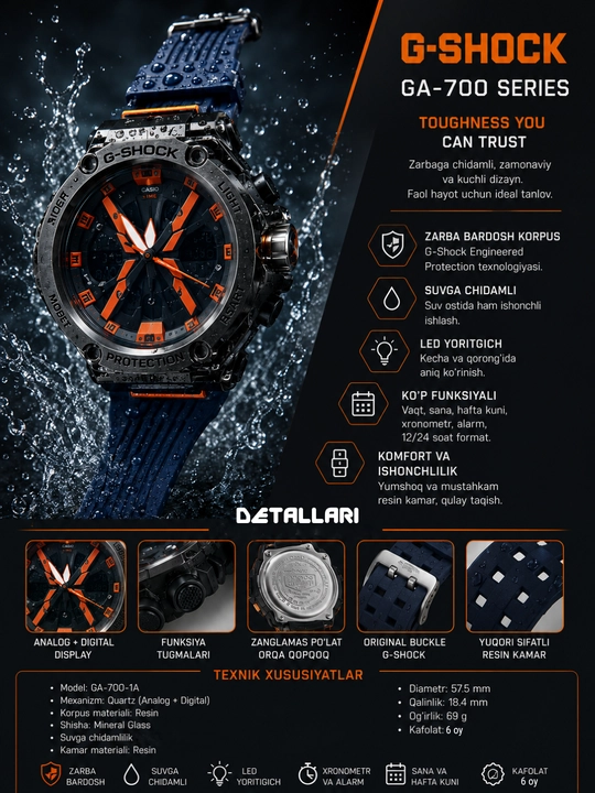 Erkaklar sport soati G-SHOCK GA-700 Series Tactical Watch, Digital+Analog