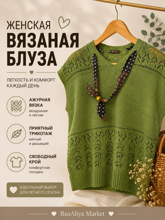 Женская вязаная блуза с коротким рукавом, ажурная, свободного кроя - 