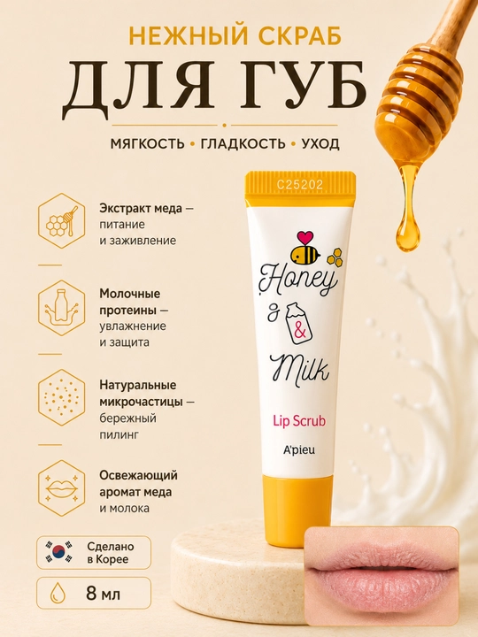 Масло и скраб для губ, lip oil и lip scrub от сухости губ A'PIEU Honey & Milk 5 г / 8 мл - 
