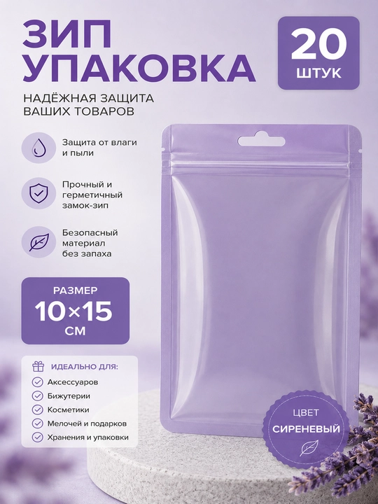 Зип-пакеты 10×15 см, 20 шт, прозрачные с бирюзовой матовой стороной, ZIP упаковка - 