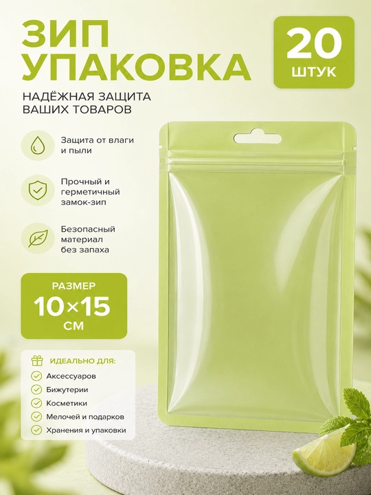 Зип-пакеты 10×15 см, 20 шт, прозрачные с бирюзовой матовой стороной, ZIP упаковка - 