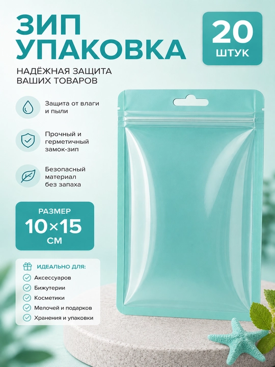 Зип-пакеты 10×15 см, 20 шт, прозрачные с бирюзовой матовой стороной, ZIP упаковка - 