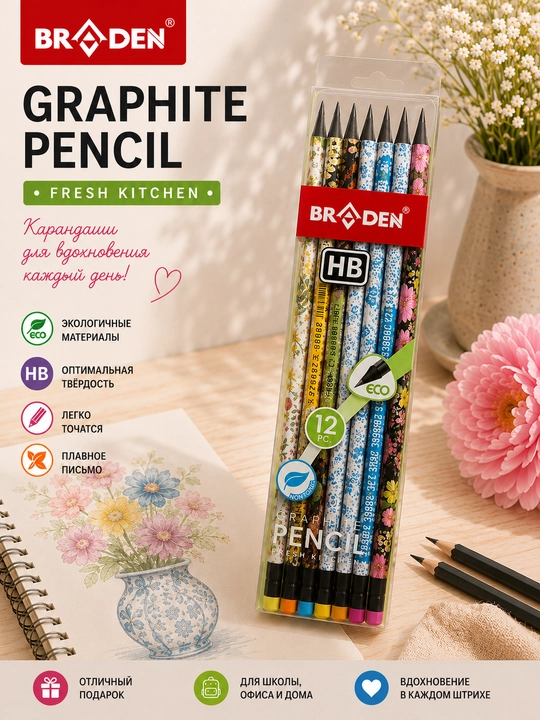 BRADEN HB grafit qalamlari, dizaynli naqshli, 12 dona - 