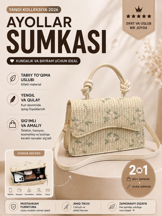 Ayollar sumkasi, yelka orqali va tutqichli, eko-charm sumkalar ayollar uchun