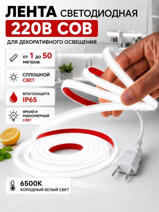 COB LED lenta 220V, oq yorug‘lik, uzluksiz yoritish, IP65, 1–50 metr - 
