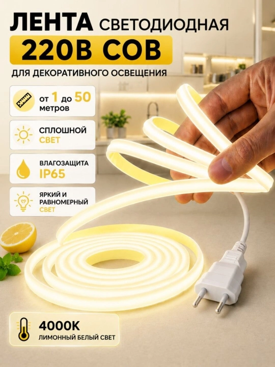 COB LED lenta 220V, oq yorug‘lik, uzluksiz yoritish, IP65, 1–50 metr - 