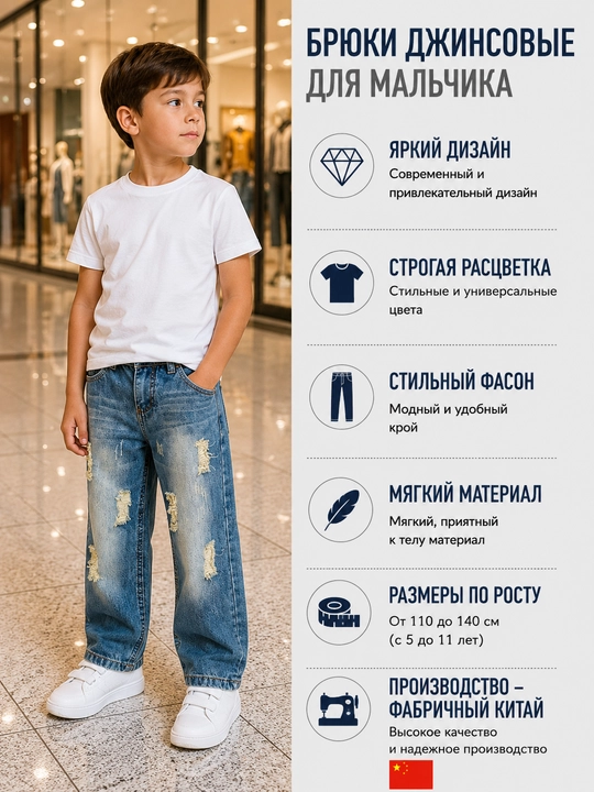 Джинсы для мальчиков рваные потёртые деним  - 