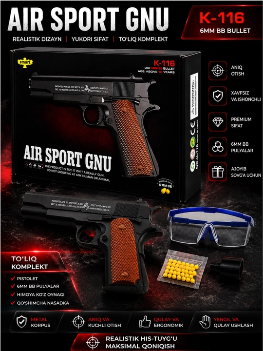 Air Sport GNU K-116 6 mm BB O'yinchoq Pistoleti – Premium To'plam - 