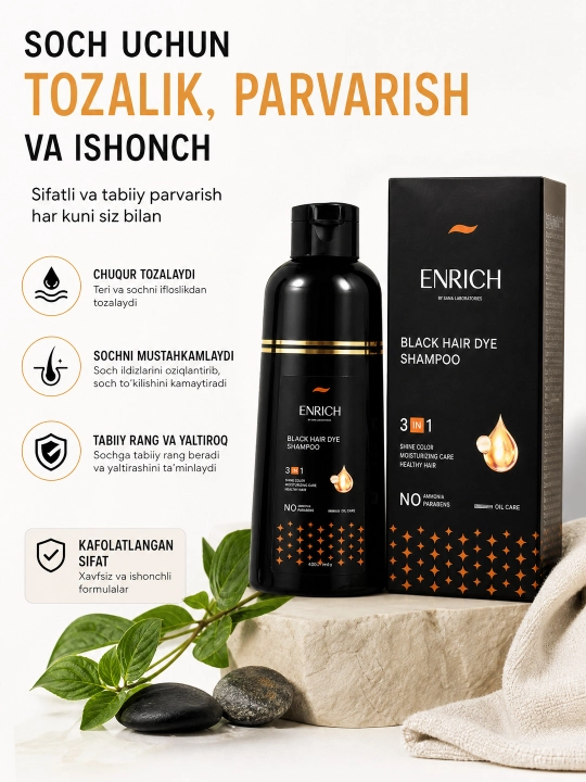 Enrich 3 in 1 qora soch bo‘yovchi shampun, ammiaksiz, 400 ml, soch parvarishi