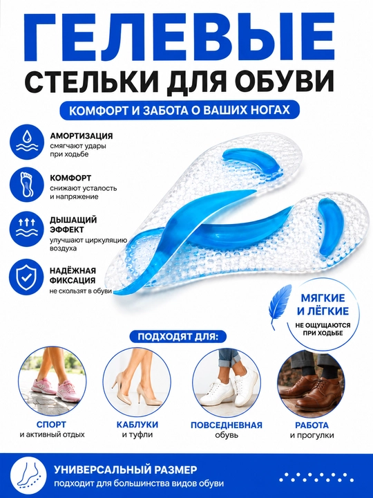 Гелевые ортопедические стельки силиконовые для обуви, универсальные, 1 пара - 