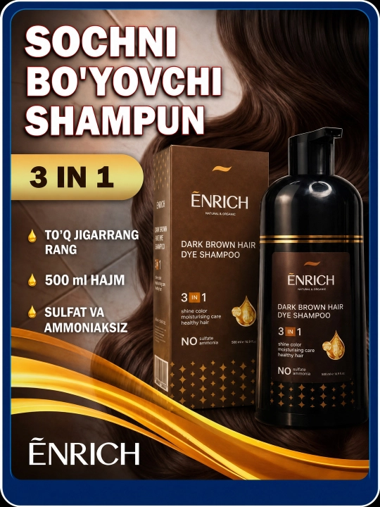Enrich 3 in 1 qora soch bo‘yovchi shampun, ammiaksiz, 400 ml, soch parvarishi