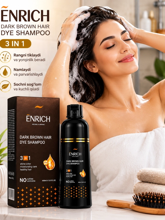 Enrich 3 in 1 qora soch bo‘yovchi shampun, ammiaksiz, 400 ml, soch parvarishi