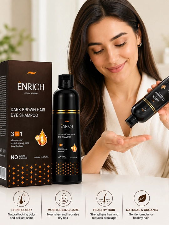 Enrich 3 in 1 qora soch bo‘yovchi shampun, ammiaksiz, 400 ml, soch parvarishi