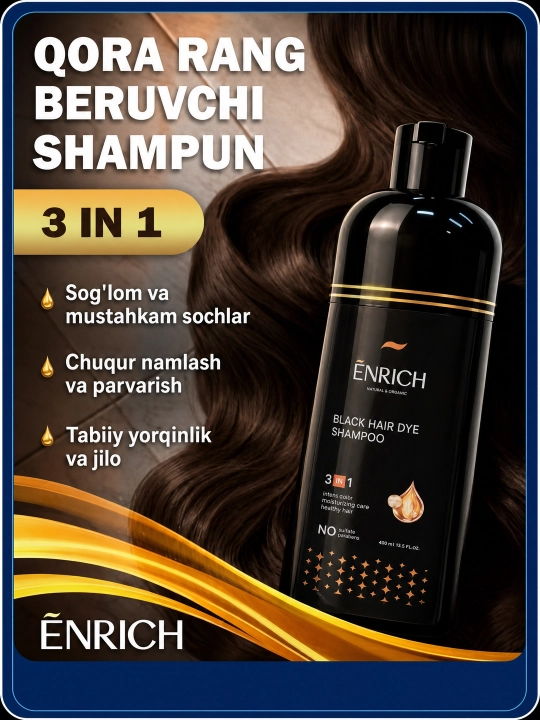 Enrich 3 in 1 qora soch bo‘yovchi shampun, ammiaksiz, 400 ml, soch parvarishi