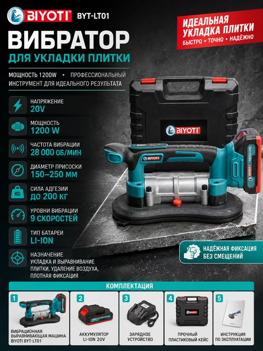Аккумуляторный вибратор для укладки плитки BIYOTI BYT-LT01 (20V, 1200W, кейс, 9 скоростей) - 