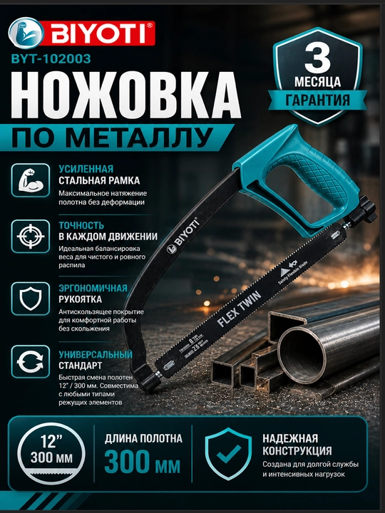 Ножовка по металлу BIYOTI BYT-102003 (300 мм) — Усиленная рамка для идеально ровного реза - 