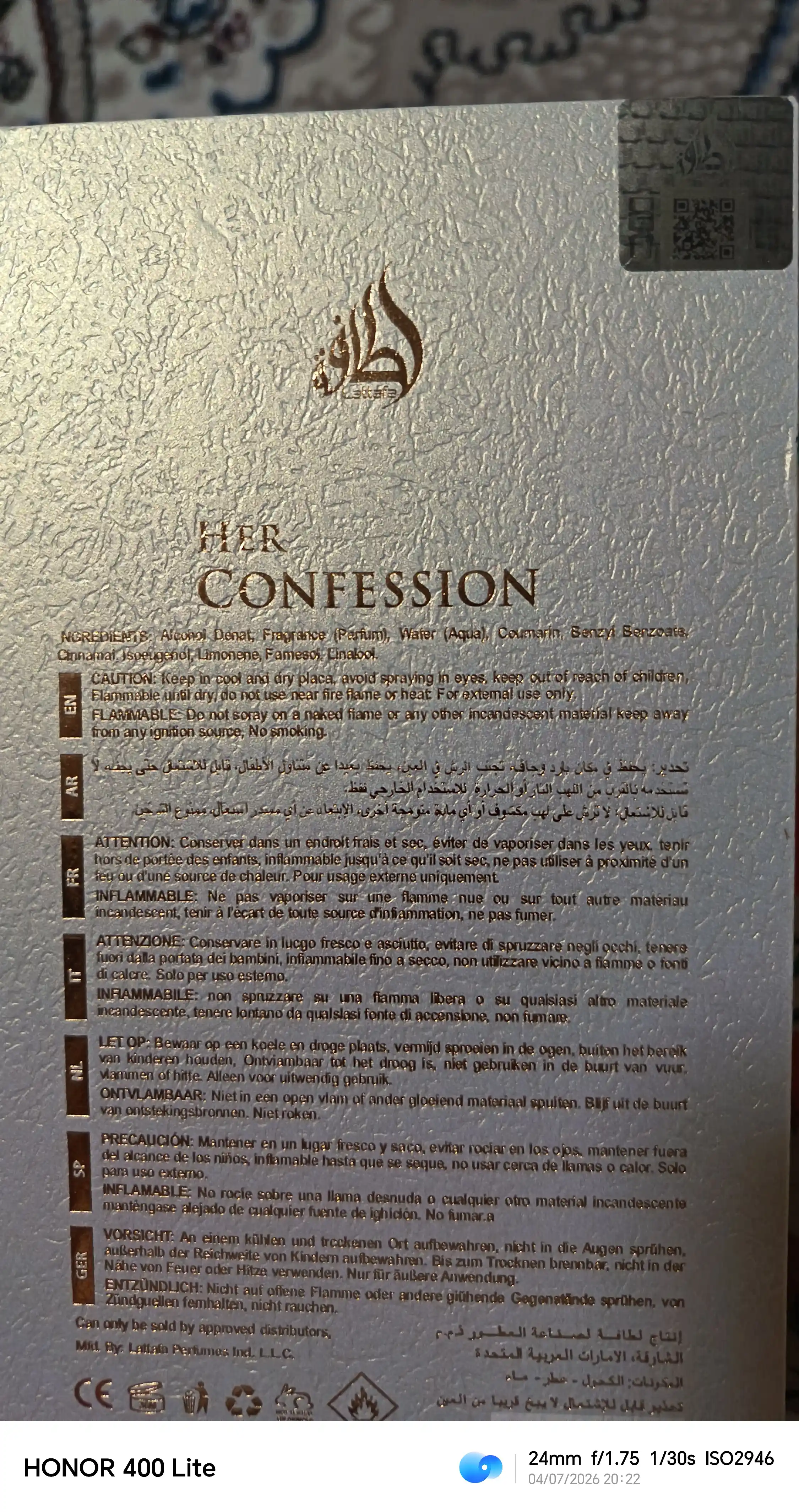 Lattafa His, Her Confession arab atirlari, ayollar va erkaklar uchun, 100 ml