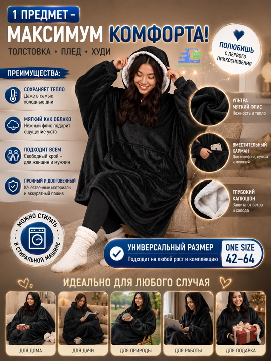 Толстовка-плед с капюшоном и рукавами Huggle Hoodie — универсальный уют и тепло