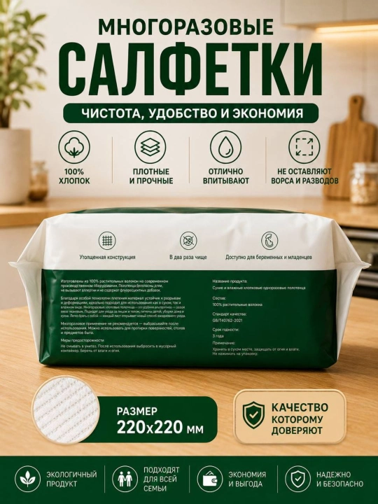 Ko'p martalik paxtali salfetka, 100% paxta, yumshoq, yuqori singdiruvchan