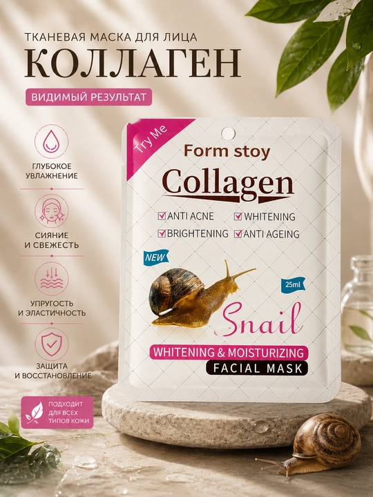Form Stoy yuz uchun matoli niqob (Snail, Collagen, Collagen + Snail, Aloe, Avocado), 25 ml - 