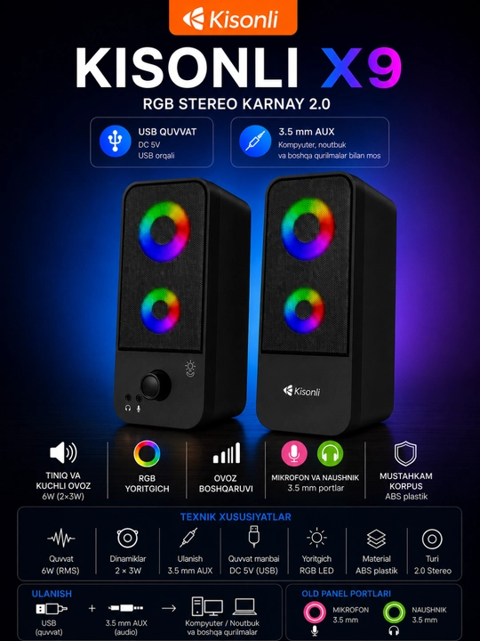 Kolonka Kisonli X9 RGB Stereo Karnay 6 watt