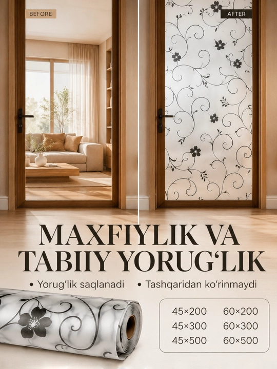 Deraza va oynalar uchun o‘z-o‘zidan yopishadigan naqshli dekorativ plyonka