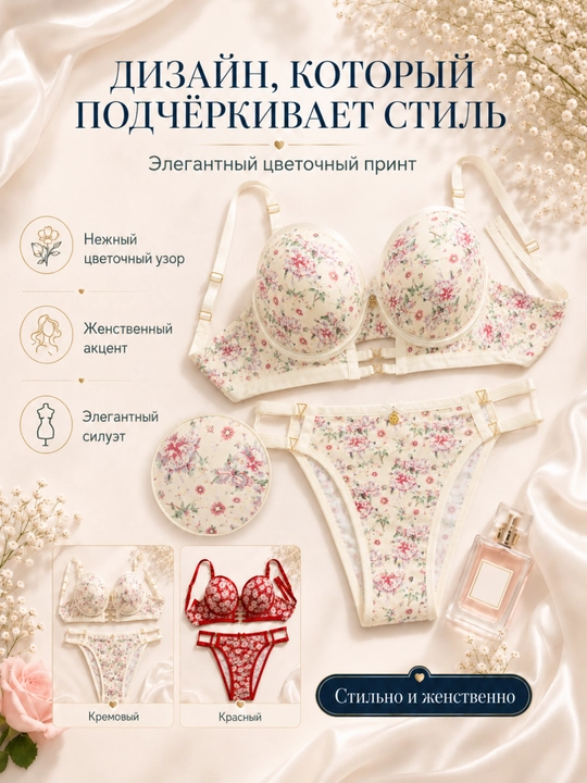 Ayollar ichki kiyimlari to‘plami, to‘rli byustgalter va ichki kiyim, Gulli