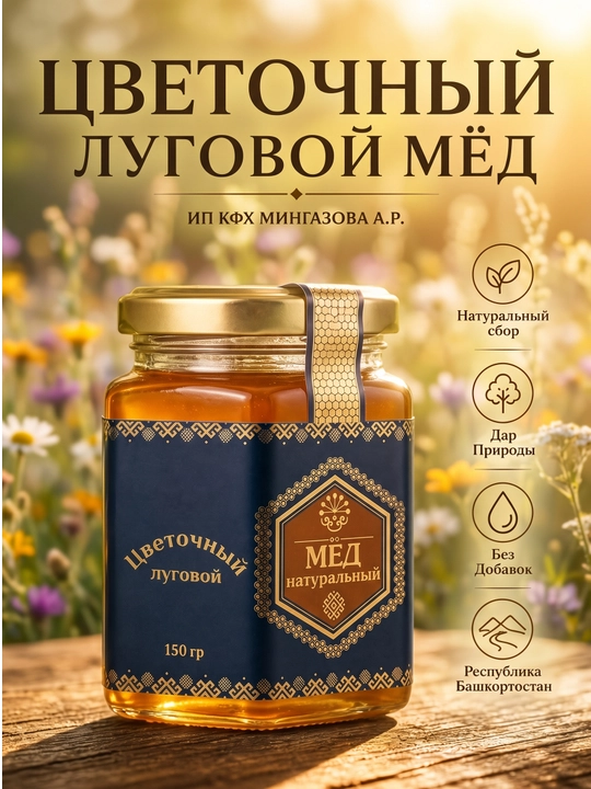 Boshqird Dasht va O‘tloq gullari Asali (2025-yilgi yangi hosil), 230g "Mingazova A.R."