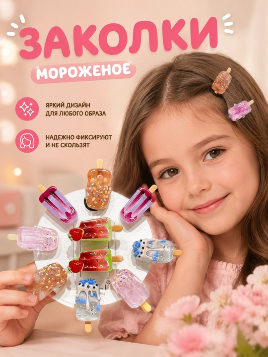 Детские заколки для волос в форме мороженого набор