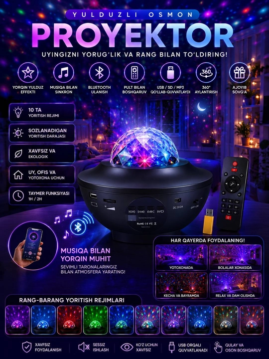Bolalar uchun tungi yorug'lik projektori yulduzli osmon Master Dream, aylanadigan - 
