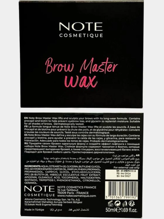 My Note Brow Wax –Qoshlar uchun professional fiksator uzoq muddatli ushlash, shaffof tekstura