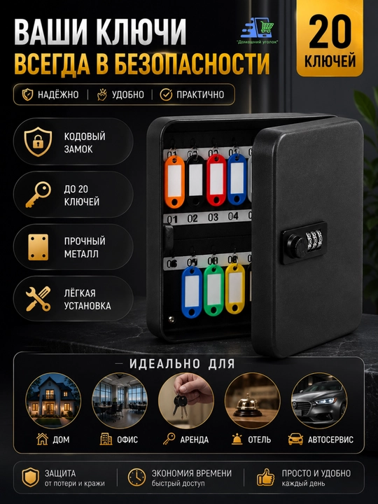 Настенный металлический сейф для ключей на 20 ключей с кодовым замком, черный/серый
