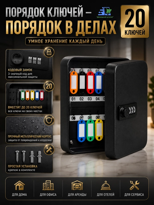 Настенный металлический сейф для ключей на 20 ключей с кодовым замком, черный/серый