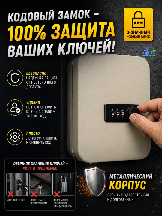 20 ta kalit uchun devorga o‘rnatiladigan metall seyf, kodli qulf bilan, qora/kul rang
