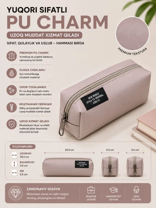 Premium PU charm penal, suvga chidamli, fermuarli, maktab, universitet va ofis uchun