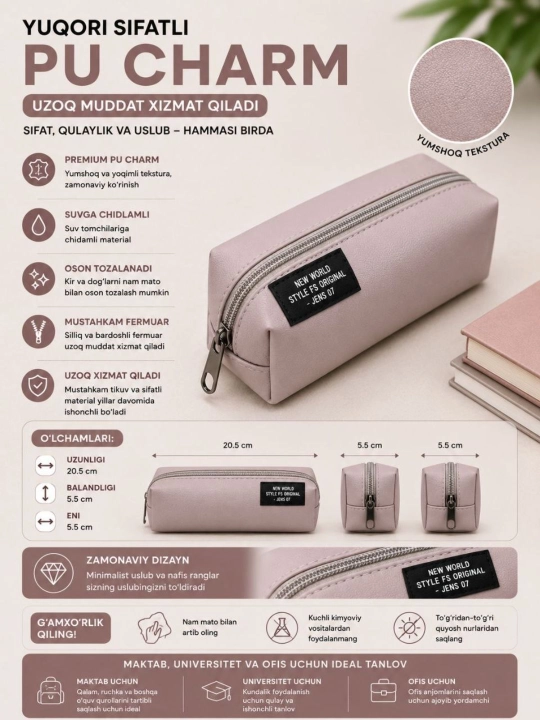 Premium PU charm penal, suvga chidamli, fermuarli, maktab, universitet va ofis uchun