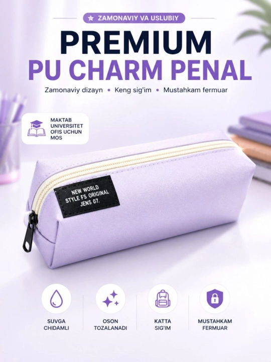 Premium PU charm penal, suvga chidamli, fermuarli, maktab, universitet va ofis uchun - 