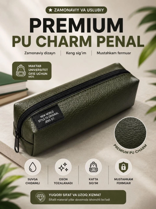 Premium PU charm penal, suvga chidamli, fermuarli, maktab, universitet va ofis uchun - 