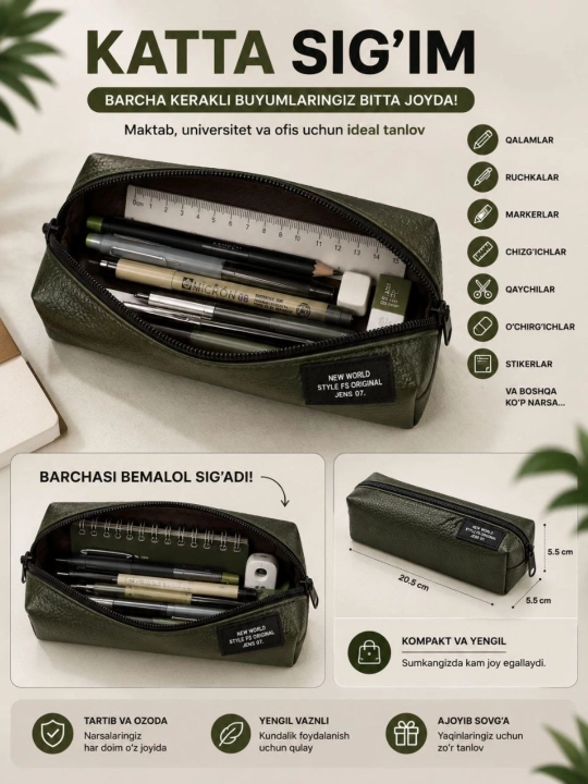 Premium PU charm penal, suvga chidamli, fermuarli, maktab, universitet va ofis uchun