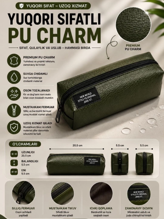 Premium PU charm penal, suvga chidamli, fermuarli, maktab, universitet va ofis uchun