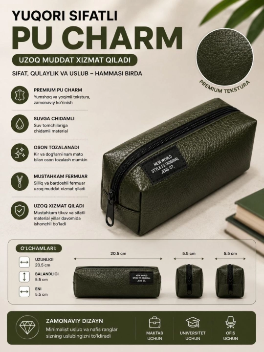 Premium PU charm penal, suvga chidamli, fermuarli, maktab, universitet va ofis uchun