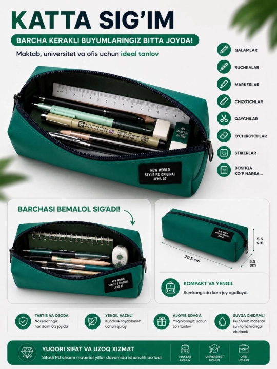 Premium PU charm penal, suvga chidamli, fermuarli, maktab, universitet va ofis uchun - 